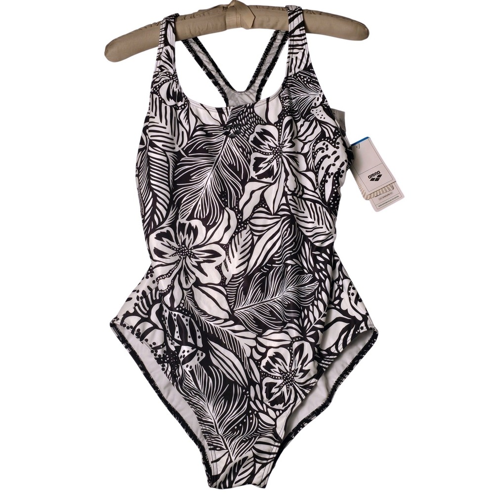 Arena Swim Pro Back Allover Plus One Piece Swimsuit Black White Floral 16W-18W